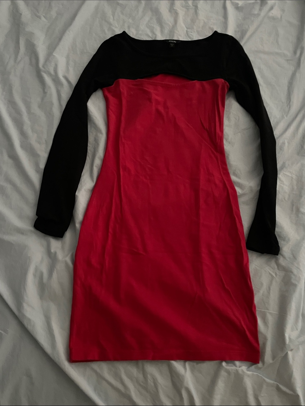 Guess Two-Tone Black and Red Long-Sleeve Bodycon Dress